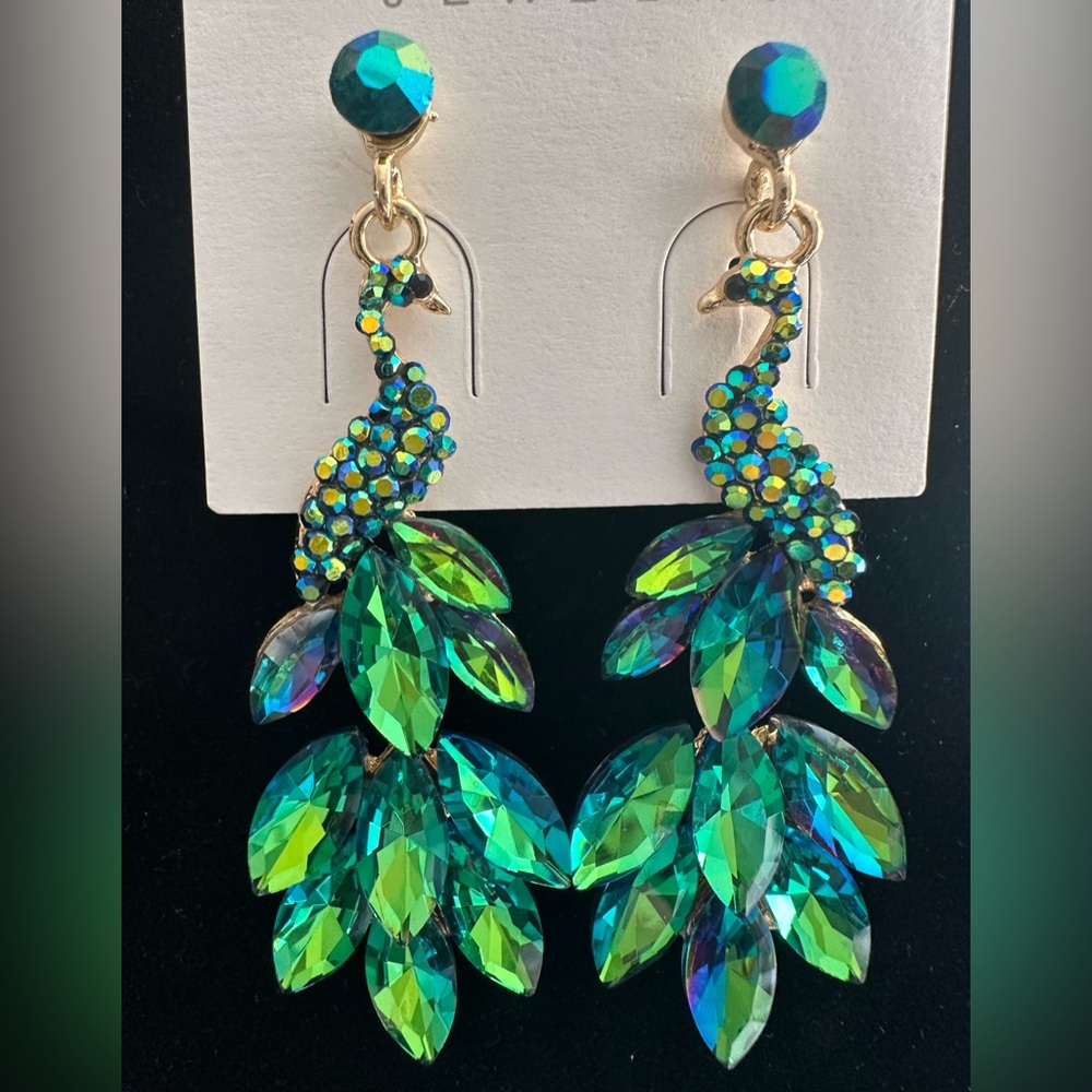 Peacock rhinestone dangle statement earrings, New! - Picture 11 of 14